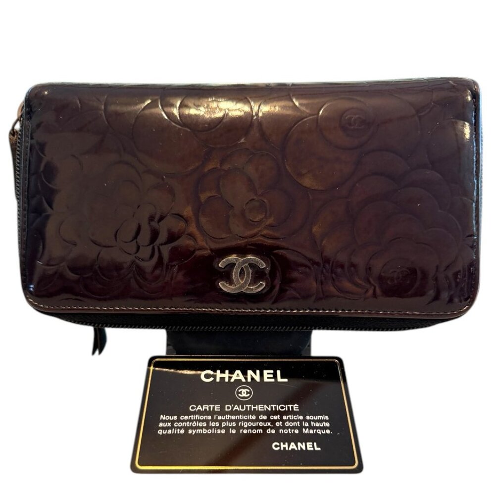 Chanel Camellia Embossed Patent Leather Zip Wallet – Brown